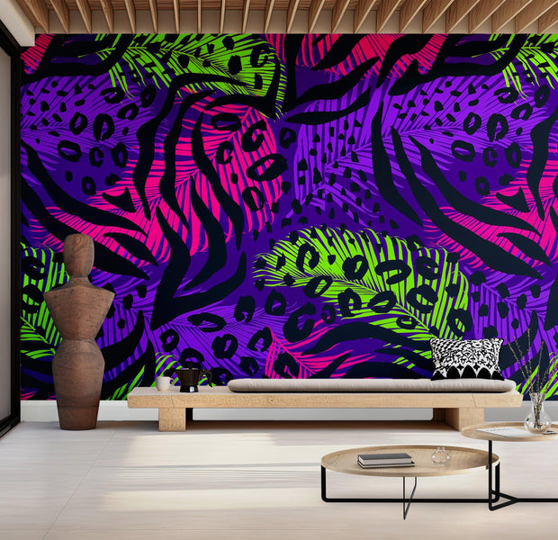 Premium Wallpaper Wall Mural - Tropical Neon Leaves 60"Wx40"H / Non-Woven Fleece