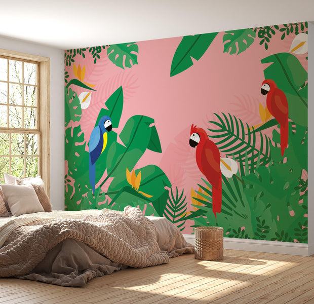 Premium Wallpaper Wall Mural - Tropical Parrots 60"Wx40"H / Non-Woven Fleece