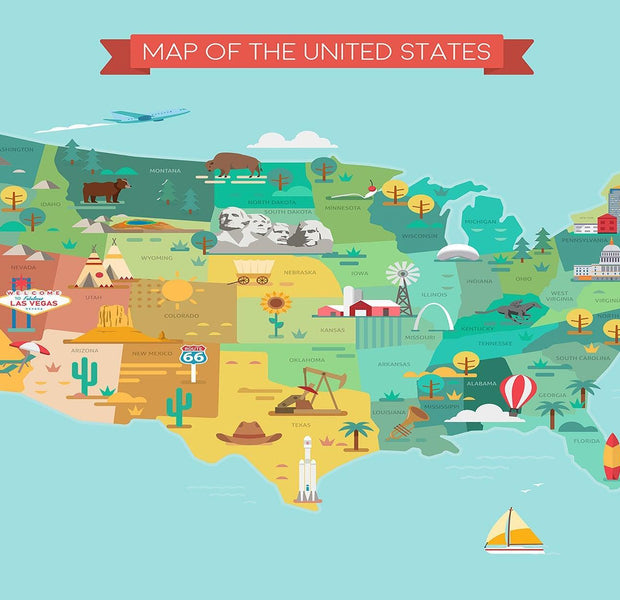 A brightly colored wall mural depicting a stylized map of the United States with landmarks and cultural icons