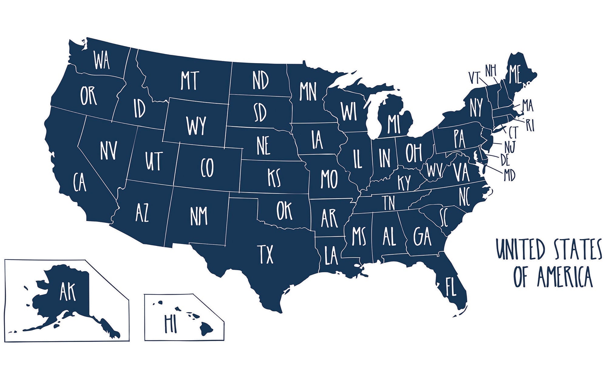 A wall mural of the United States map with state abbreviations in an interior setting