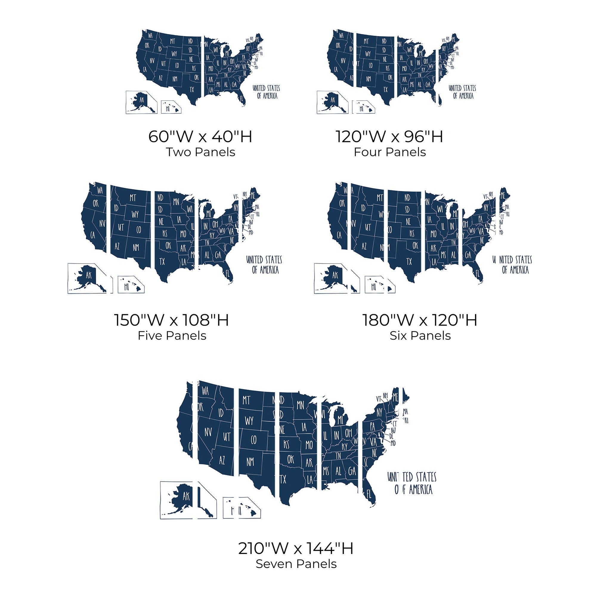 Various size options for USA map wall murals depicted in a schematic layout