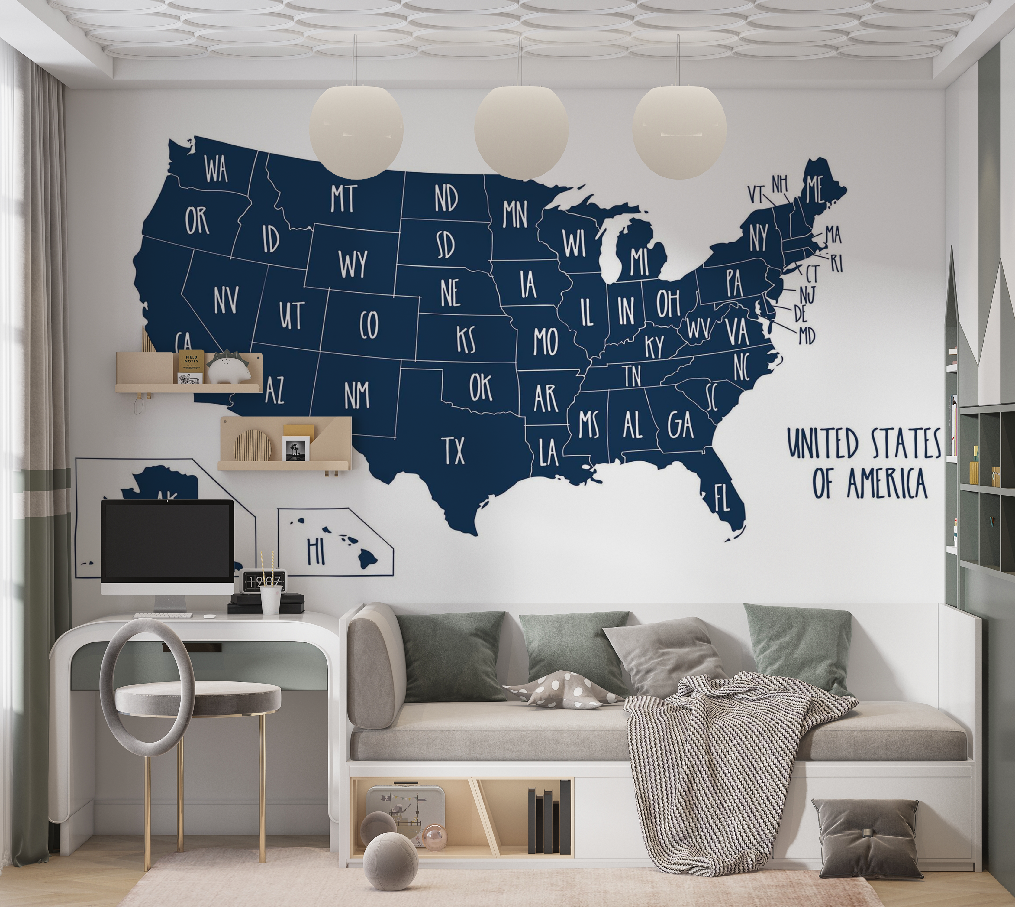 Premium Wallpaper Wall Mural - USA Map 60"Wx40"H / Non-Woven Fleece