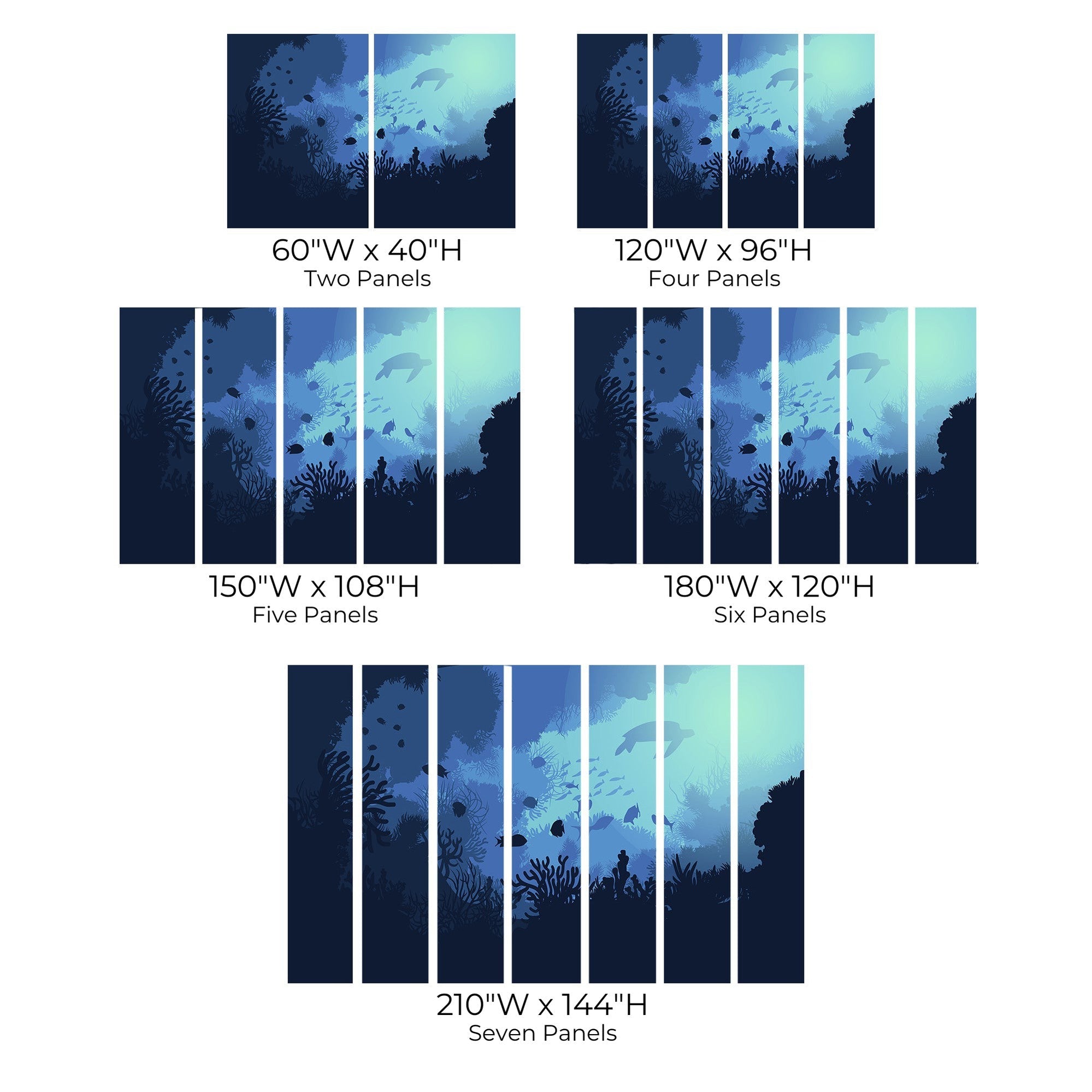 Various sizes of a wall mural depicting an ocean sunset scene divided into multiple panels.