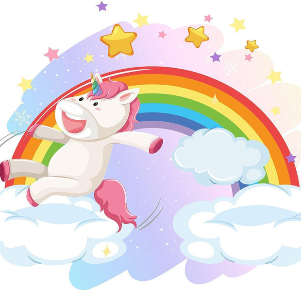 Colorful wall mural of a cartoon unicorn jumping over a rainbow with stars in a child's room