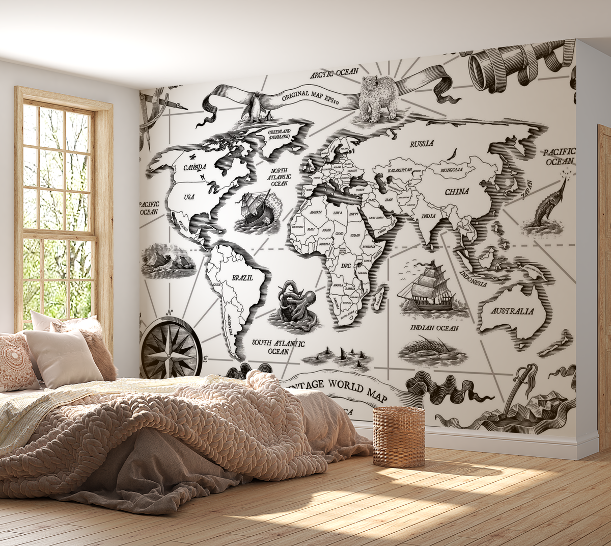 Vintage World Map Wallpaper Mural - Removable Traditional Wallpaper ...