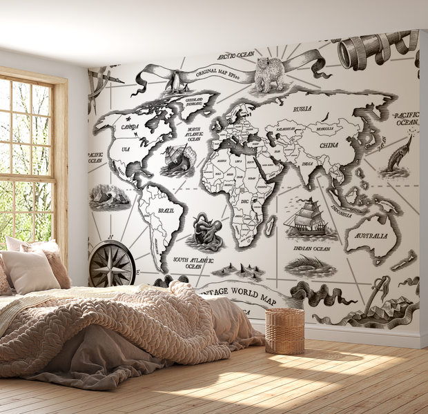 Premium Wallpaper Wall Mural - Vintage World Map 60"Wx40"H / Non-Woven Fleece