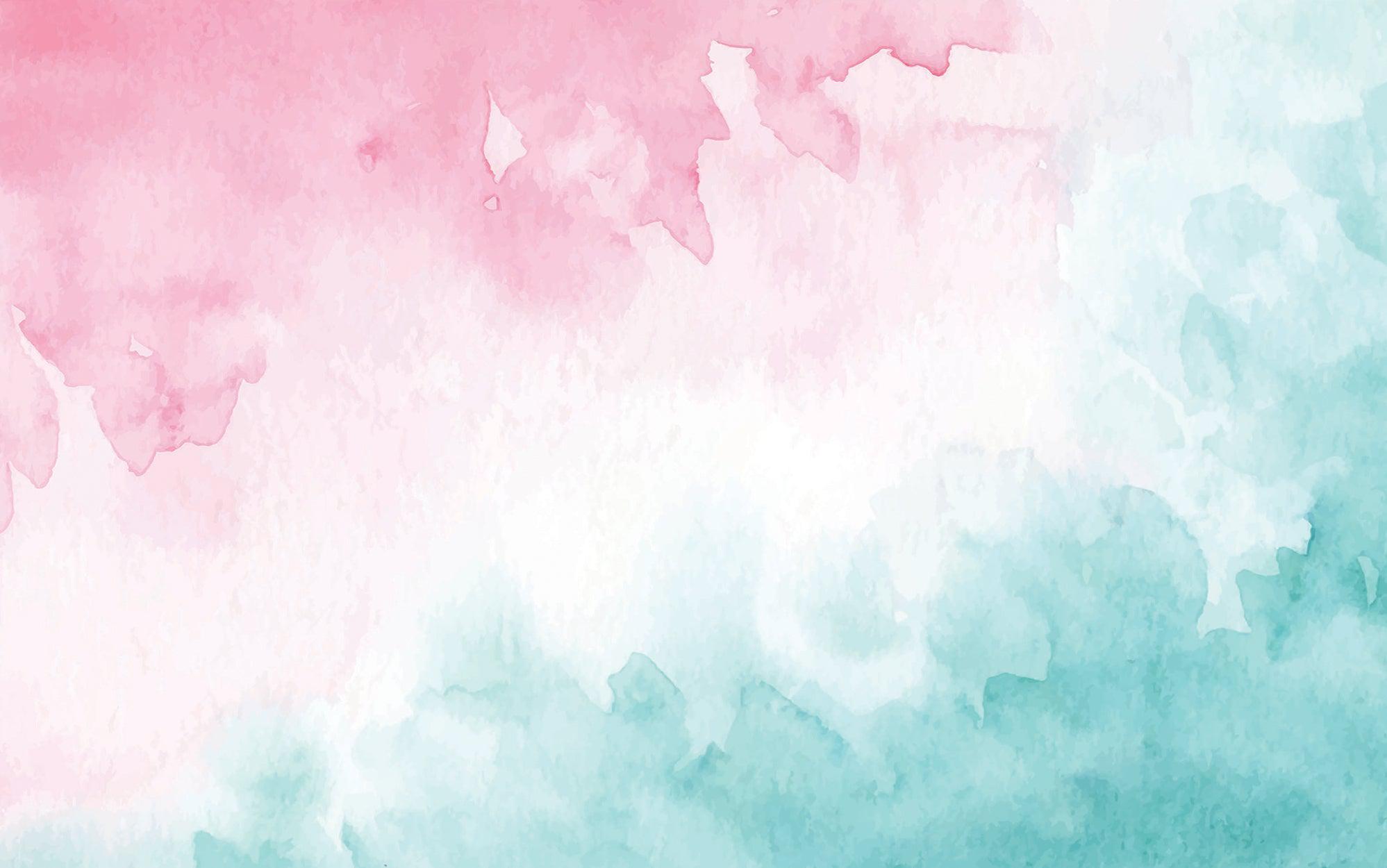 Abstract watercolor mural with a smooth pink and blue gradient on a wall interior