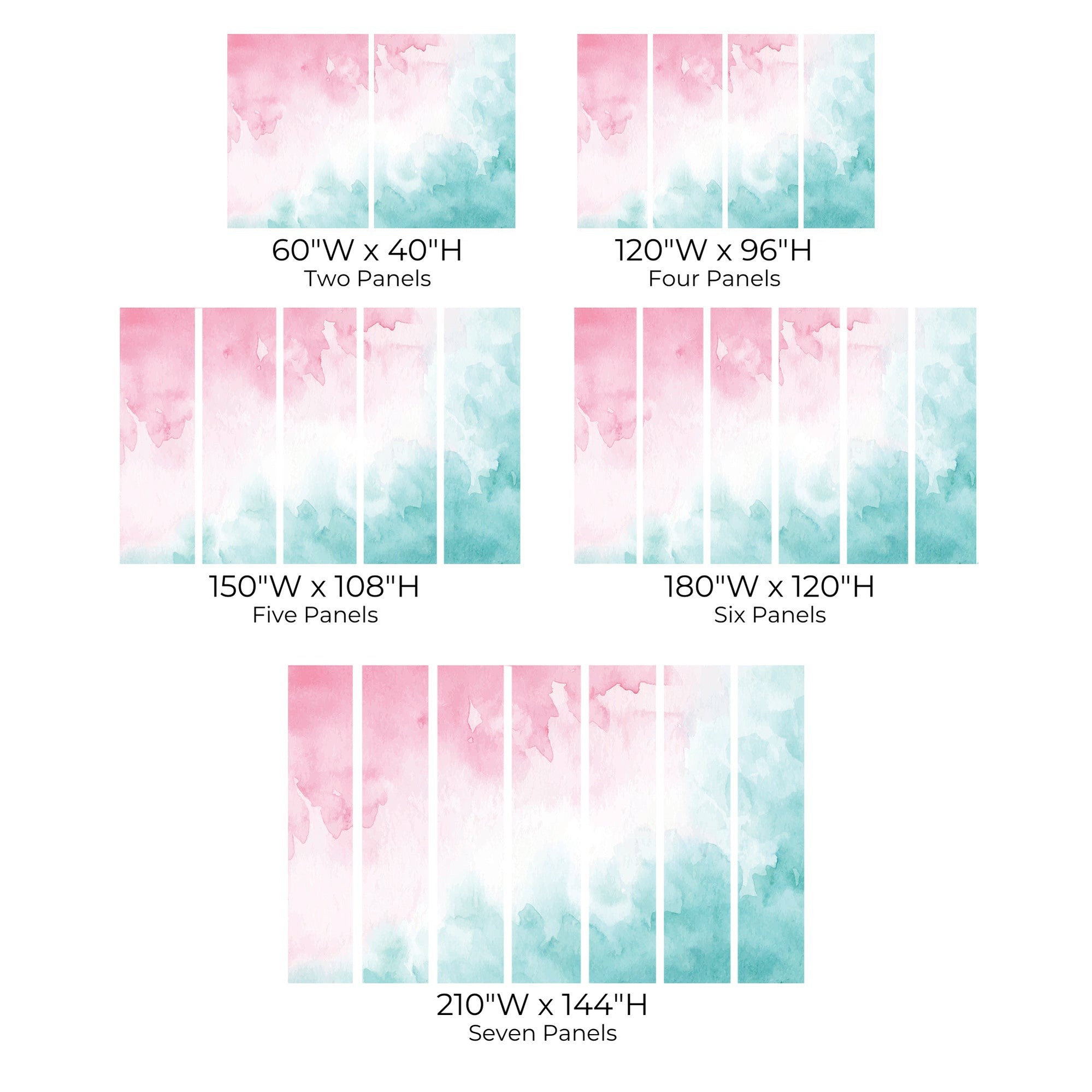 Various sizes of a wall mural depicting a watercolor forest scene across two, four, five, six, and seven panels