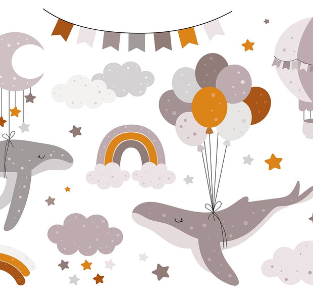 Colorful children's room wall mural with hot air balloons, clouds, stars, a rainbow, and a whale with balloons