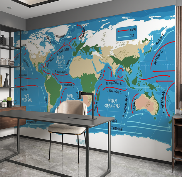 Premium Wallpaper Wall Mural - World Map Ocean Currents 60"Wx40"H / Non-Woven Fleece