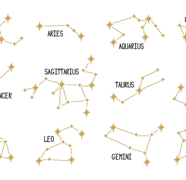 Zodiac signs constellation mural on a wall featuring Virgo, Aries, Capricorn, Aquarius, Sagittarius, Cancer, Taurus, Scorpio, Libra, Leo, Pisces, and Gemini