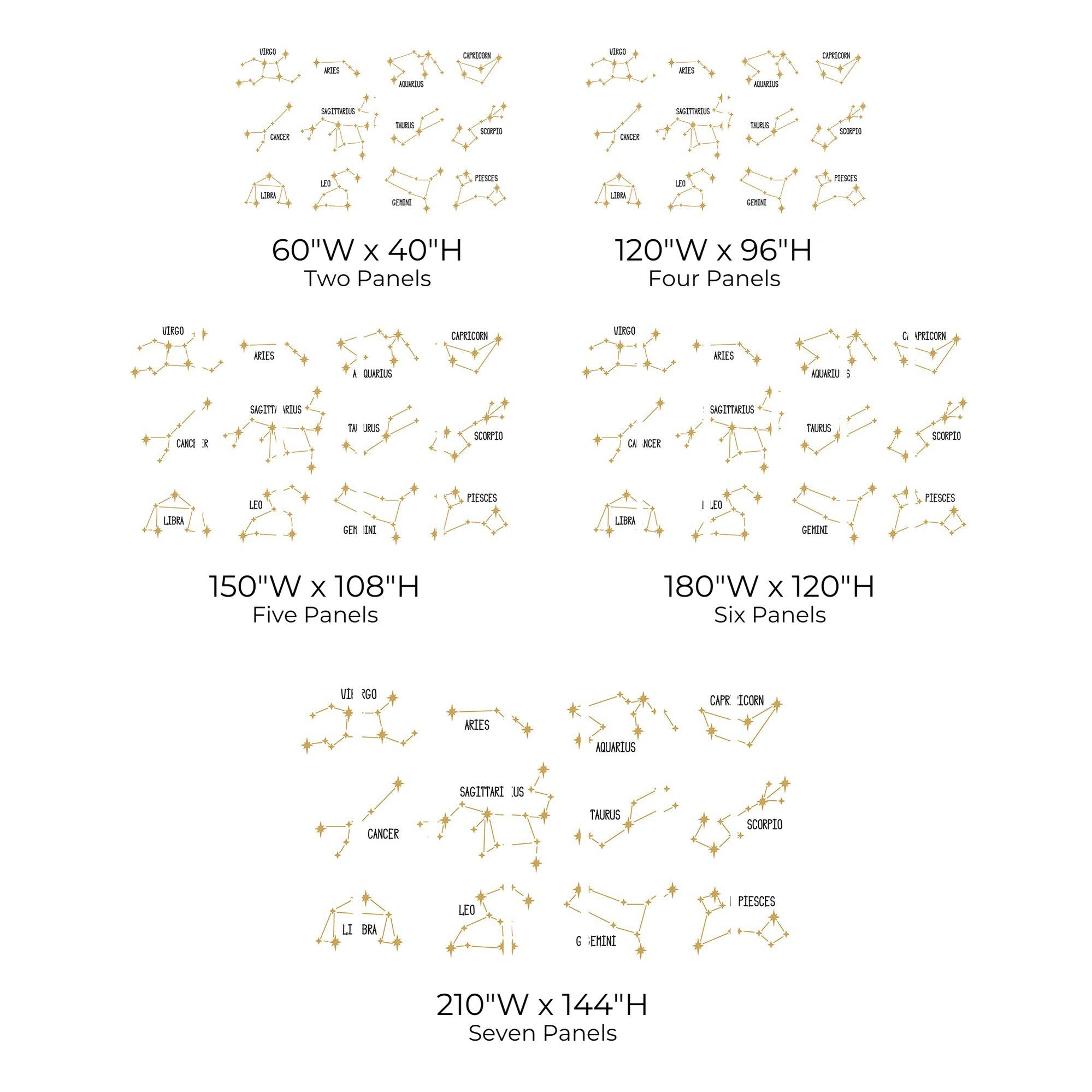 Size guide chart for wall murals illustrating different dimensions in inches with panel division.