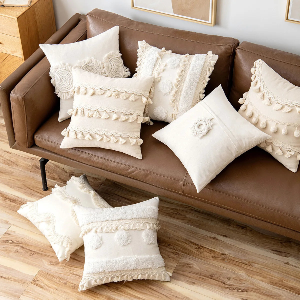 Moroccan Beige Tufted Fringed Cushion Covers