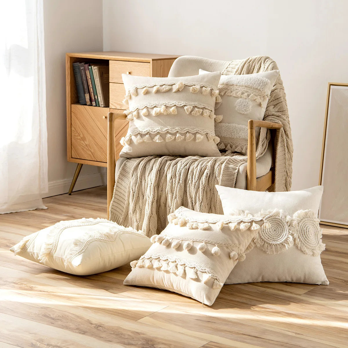 Moroccan Beige Tufted Fringed Cushion Covers
