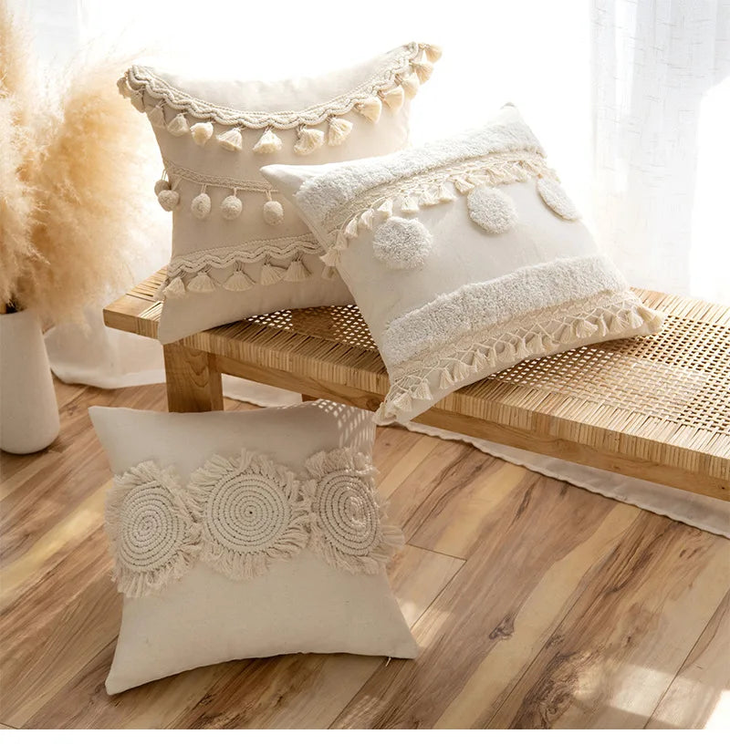 Moroccan Beige Tufted Fringed Cushion Covers