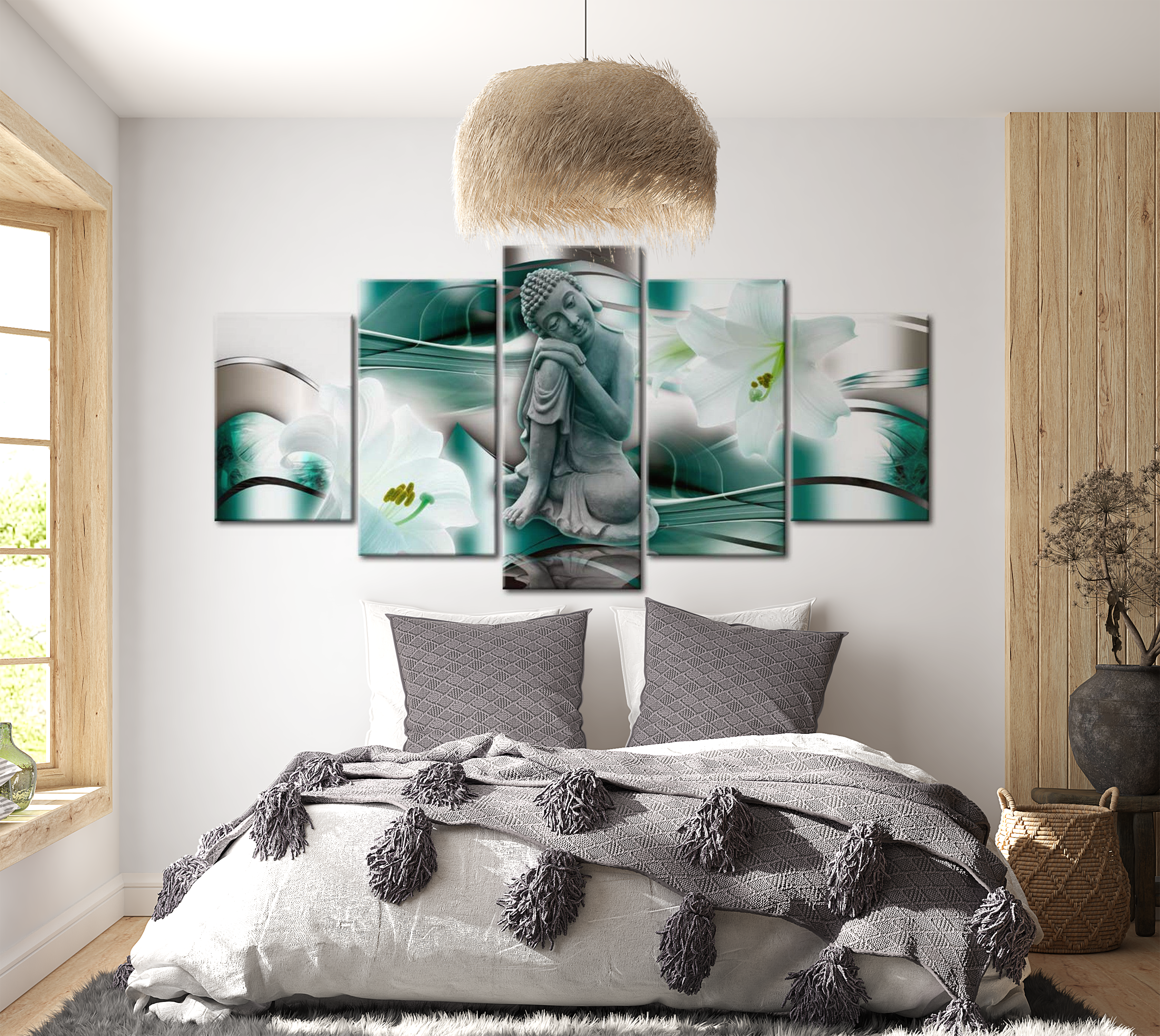 Spiritual Canvas Wall Art - Buddha And Lilies - 5 Pieces