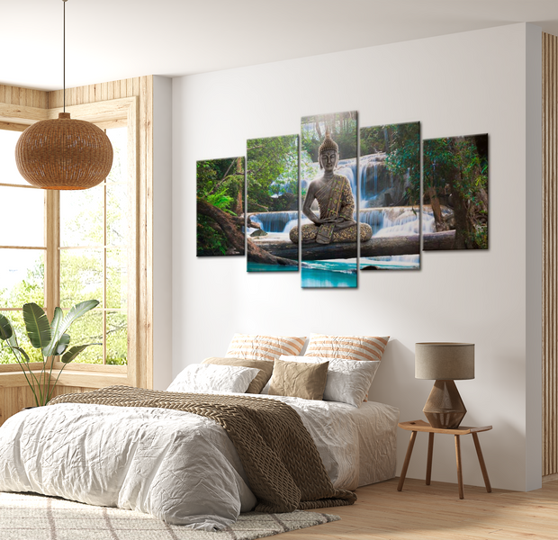 Spiritual Canvas Wall Art - Buddha At Waterfall - 5 Pieces