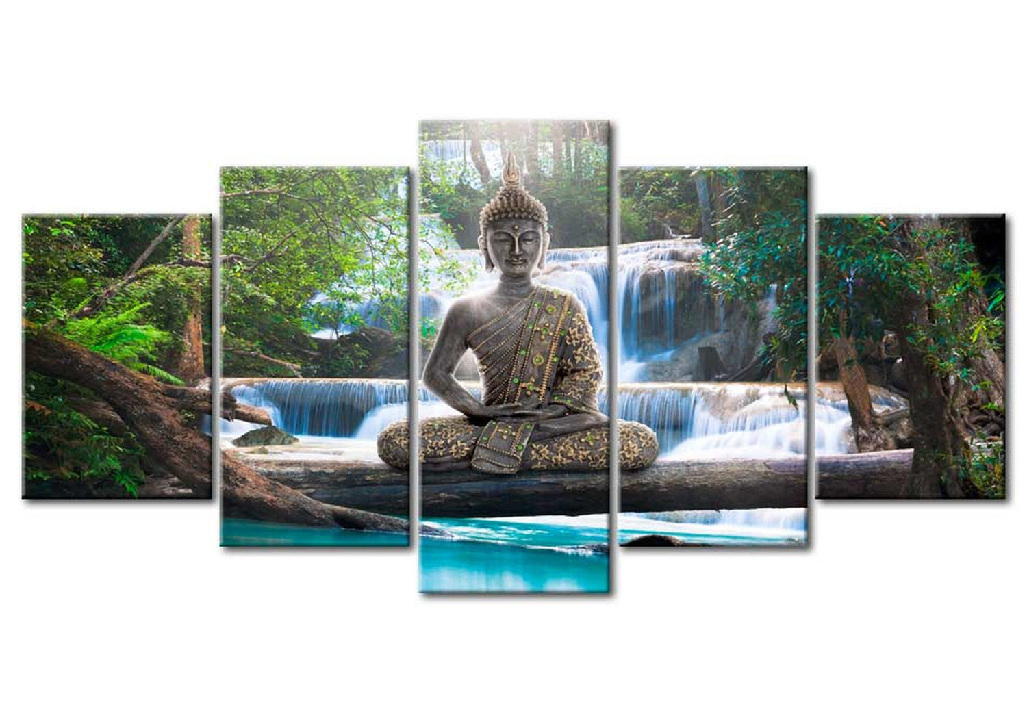 Spiritual Canvas Wall Art - Buddha At Waterfall - 5 Pieces