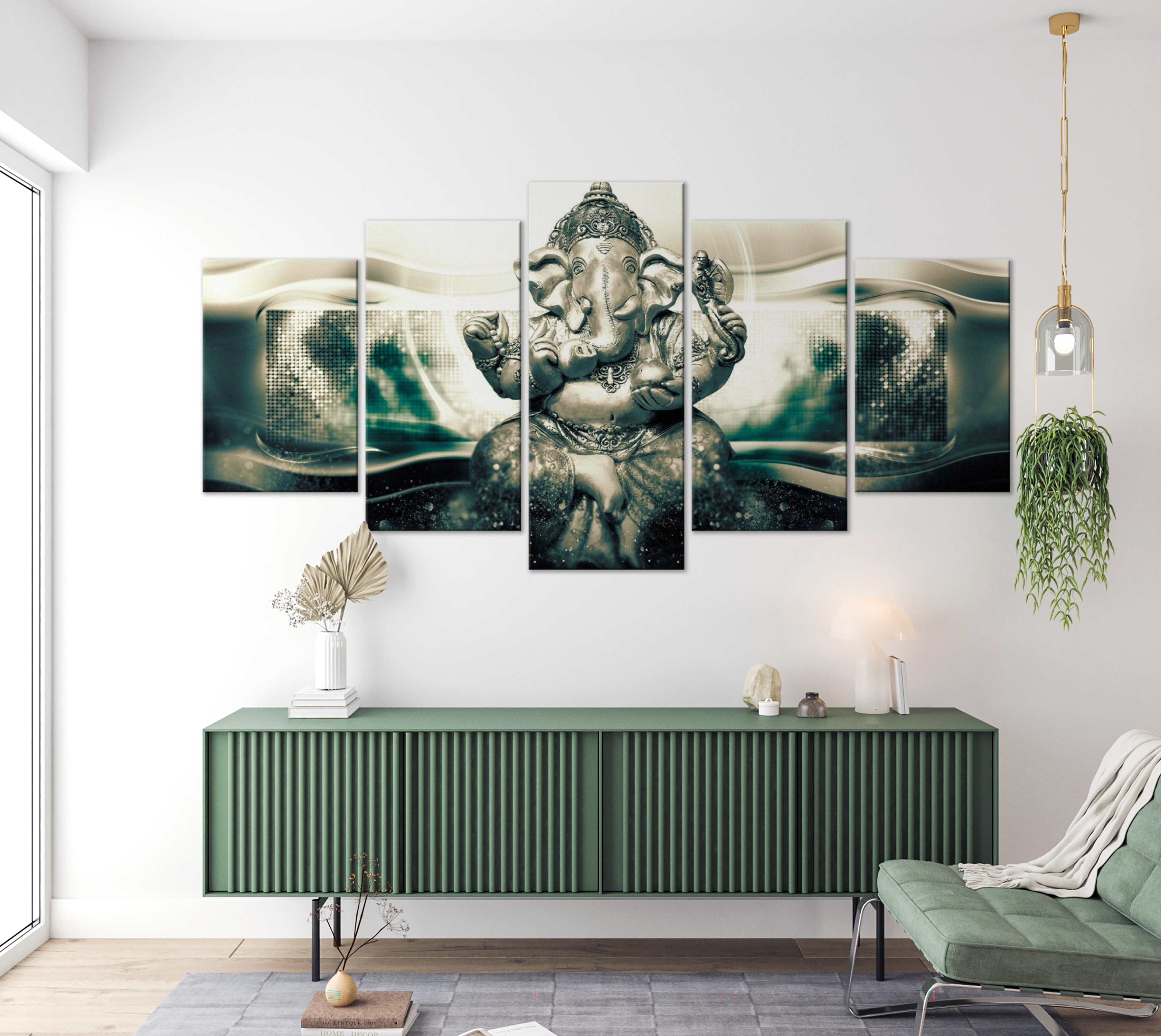 Spiritual Canvas Wall Art - Buddha Elephant Green - 5 Pieces