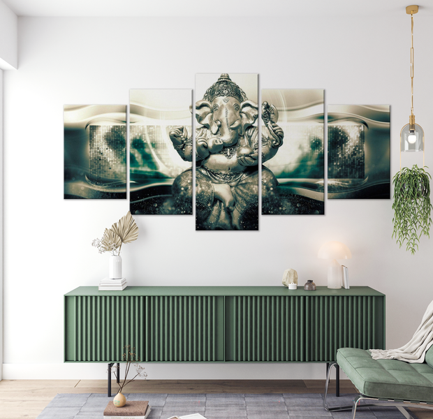 Spiritual Canvas Wall Art - Buddha Elephant Green - 5 Pieces