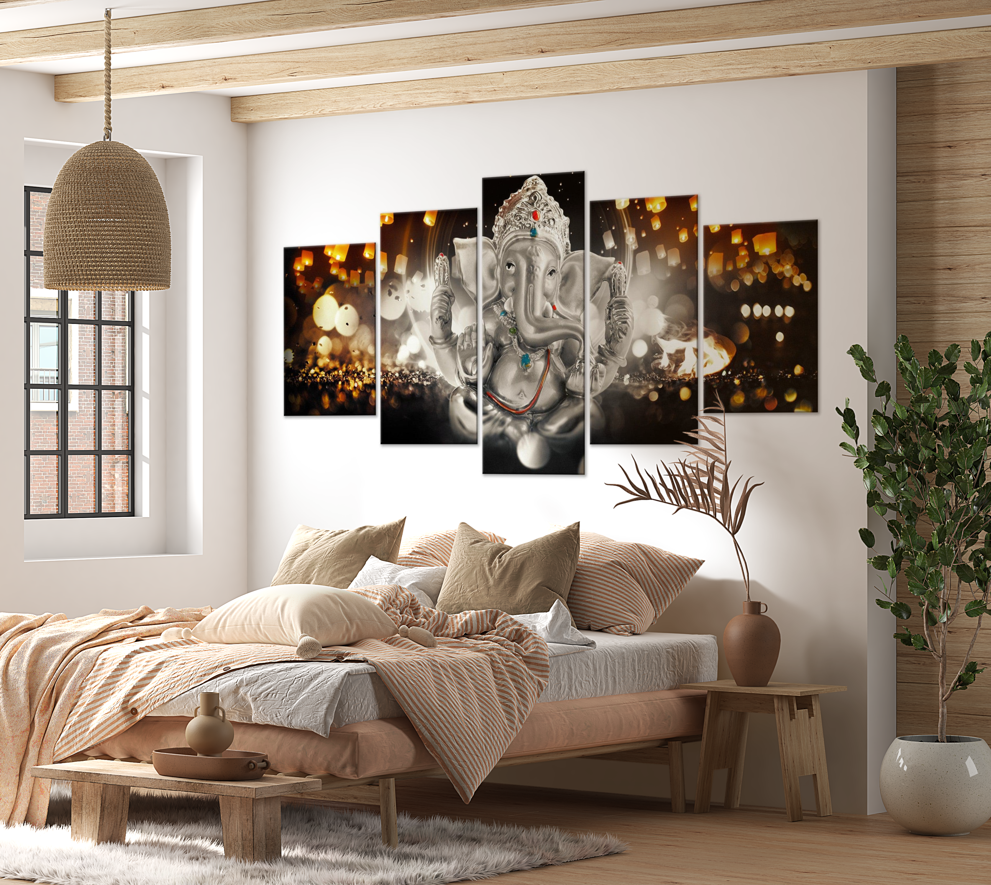 Spiritual Canvas Wall Art - Buddha Elephant Silver - 5 Pieces