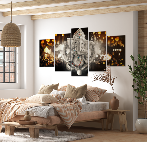 Spiritual Canvas Wall Art - Buddha Elephant Silver - 5 Pieces