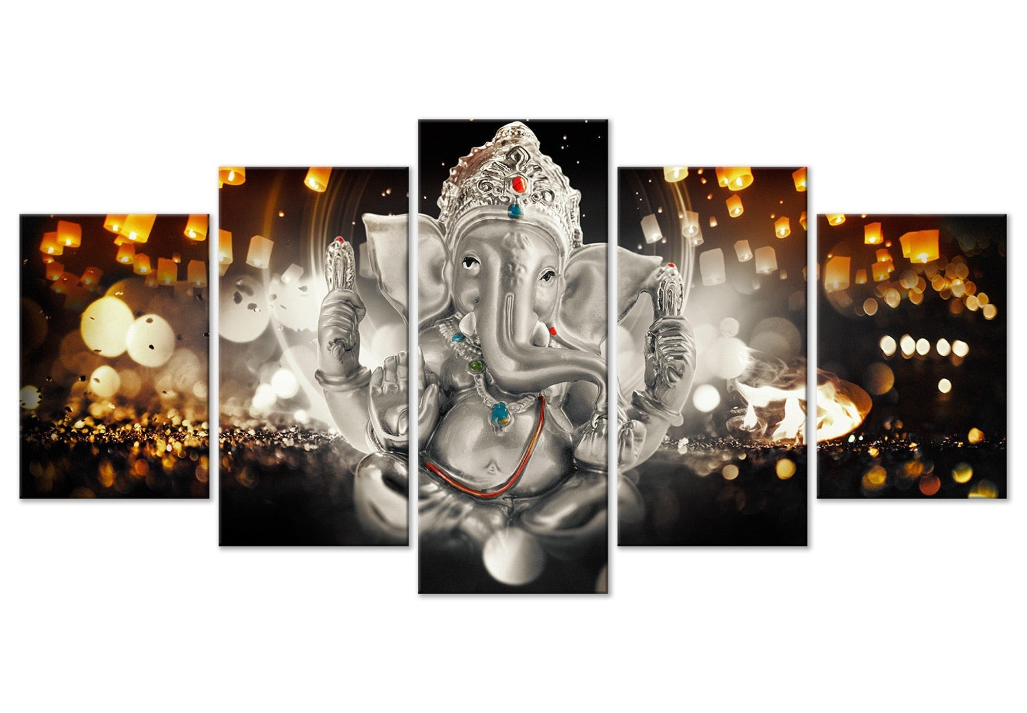 Spiritual Canvas Wall Art - Buddha Elephant Silver - 5 Pieces