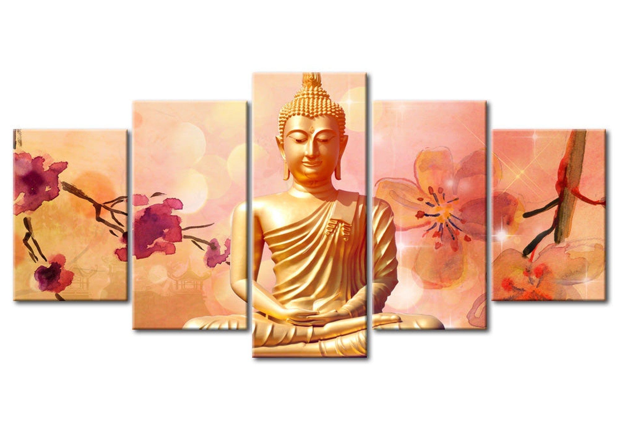 Spiritual Canvas Wall Art - Buddha Flowers - 5 Pieces