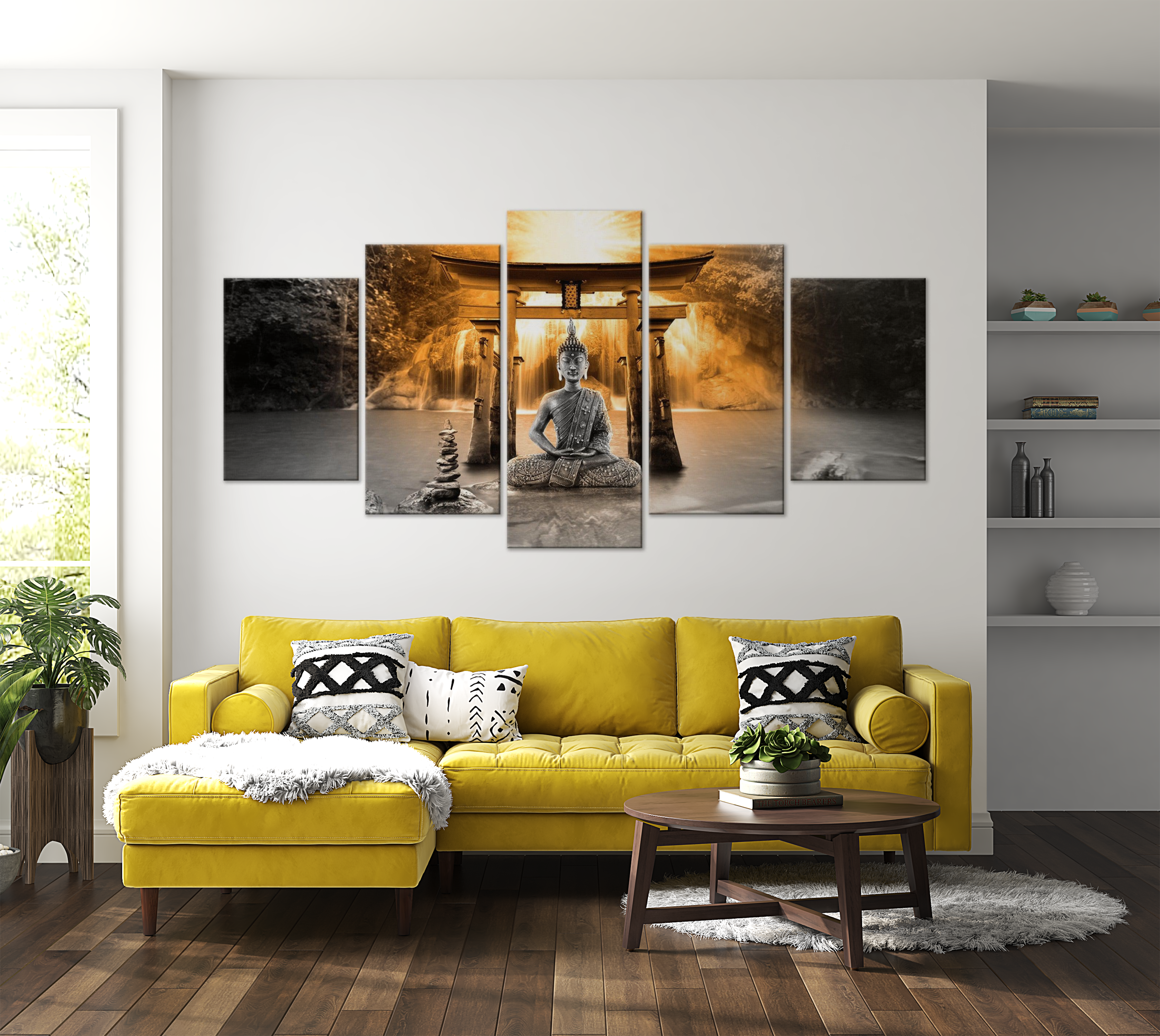 Spiritual Canvas Wall Art - Buddha Temple Orange - 5 Pieces