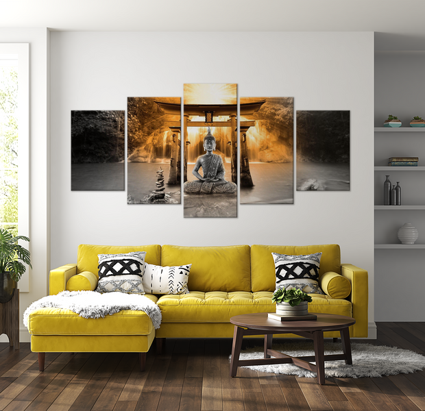 Spiritual Canvas Wall Art - Buddha Temple Orange - 5 Pieces