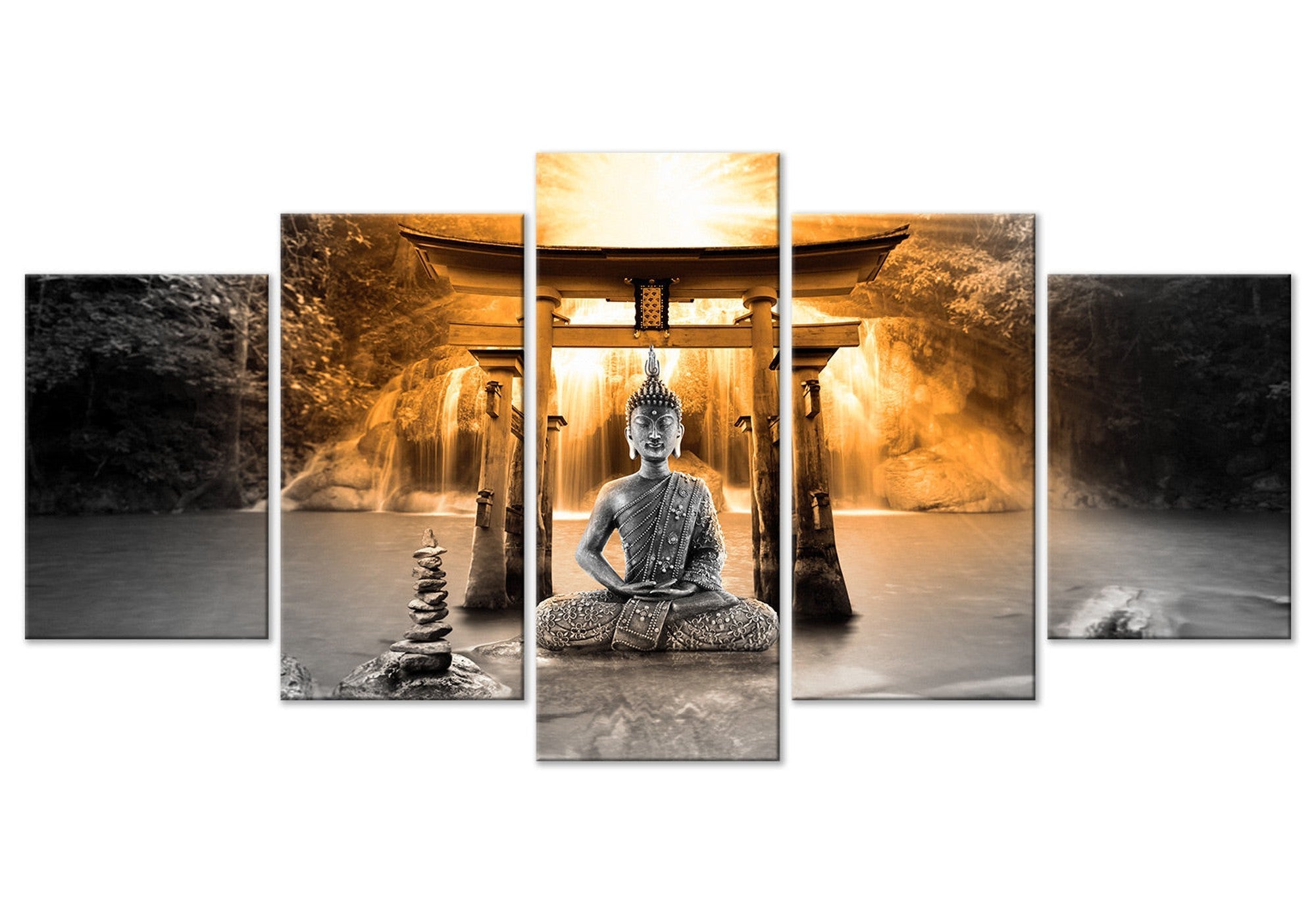 Spiritual Canvas Wall Art - Buddha Temple Orange - 5 Pieces