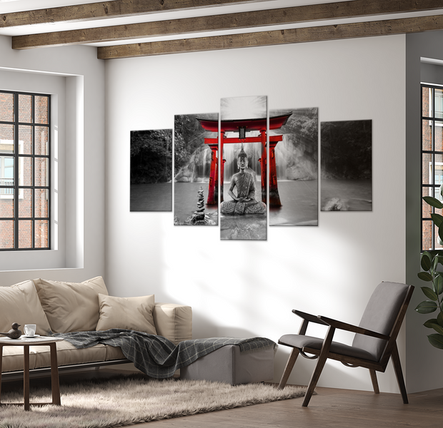 Spiritual Canvas Wall Art - Buddha Temple Red - 5 Pieces