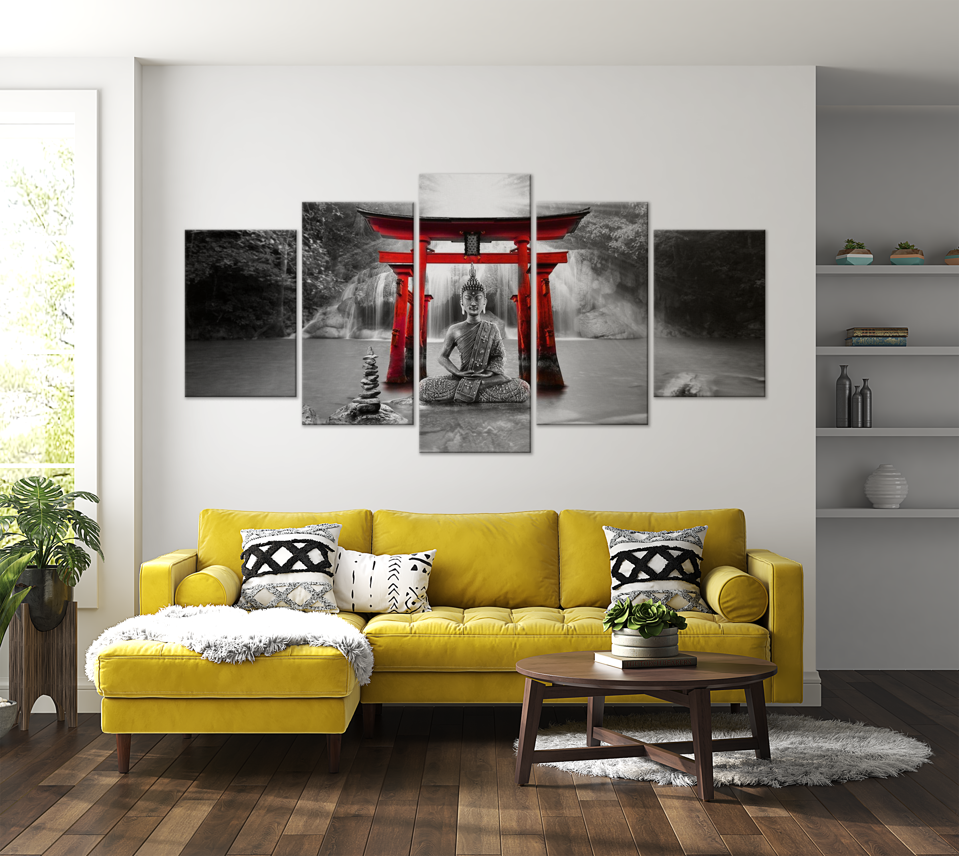 Stretched Canvas Zen Art - Buddha Smile Red 5 Piece 40"Wx20"H