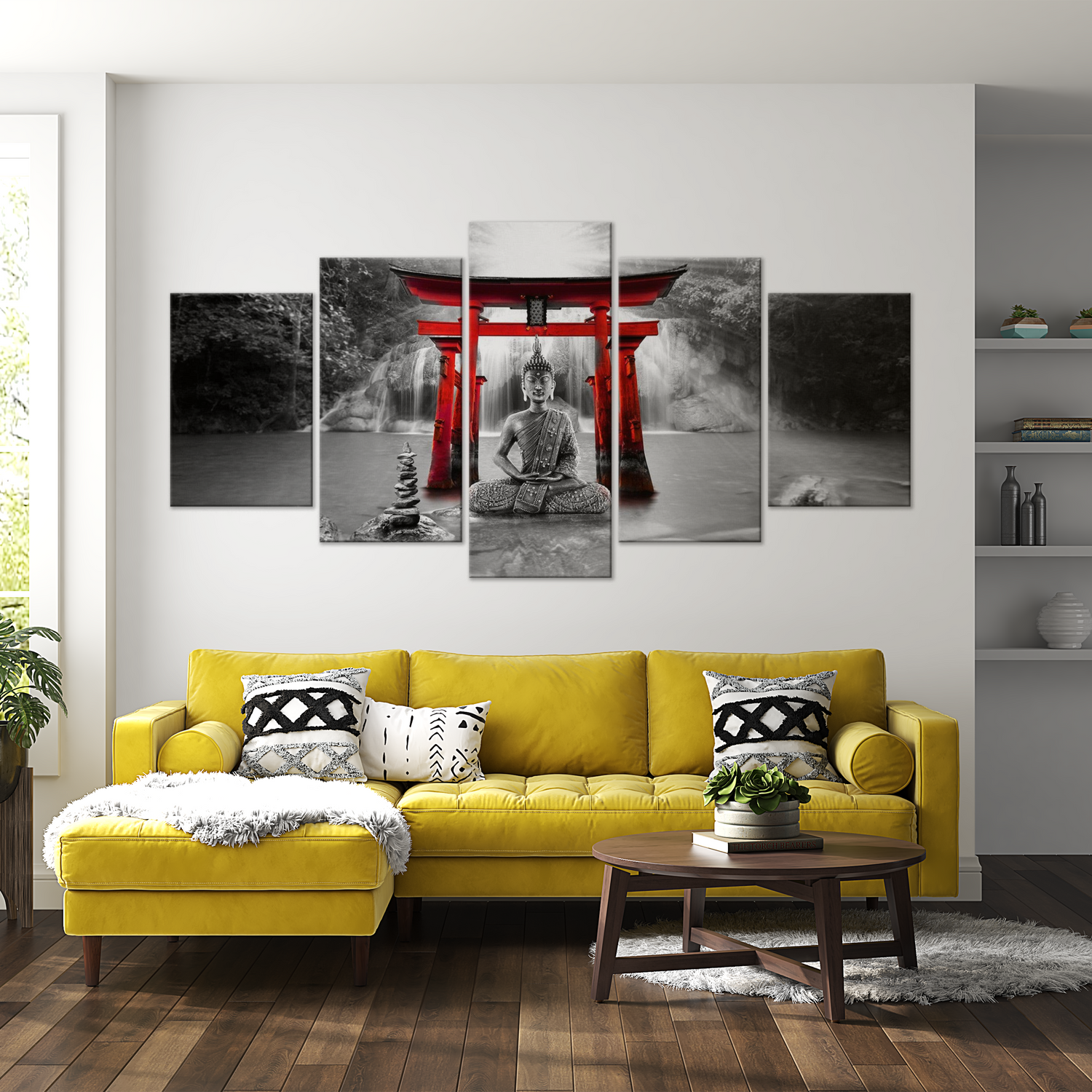 Stretched Canvas Zen Art - Buddha Smile Red 5 Piece 40"Wx20"H