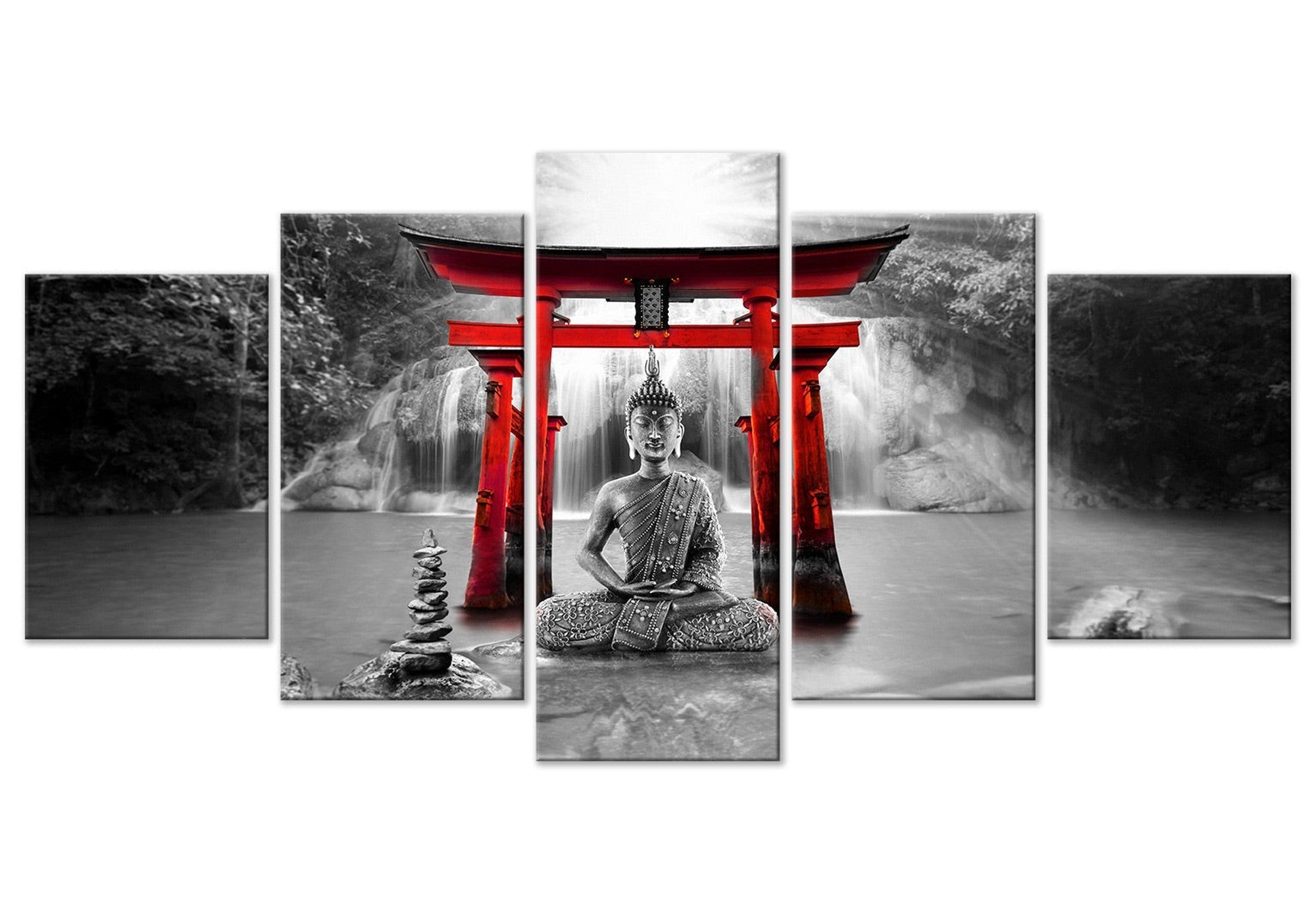 Spiritual Canvas Wall Art - Buddha Temple Red - 5 Pieces