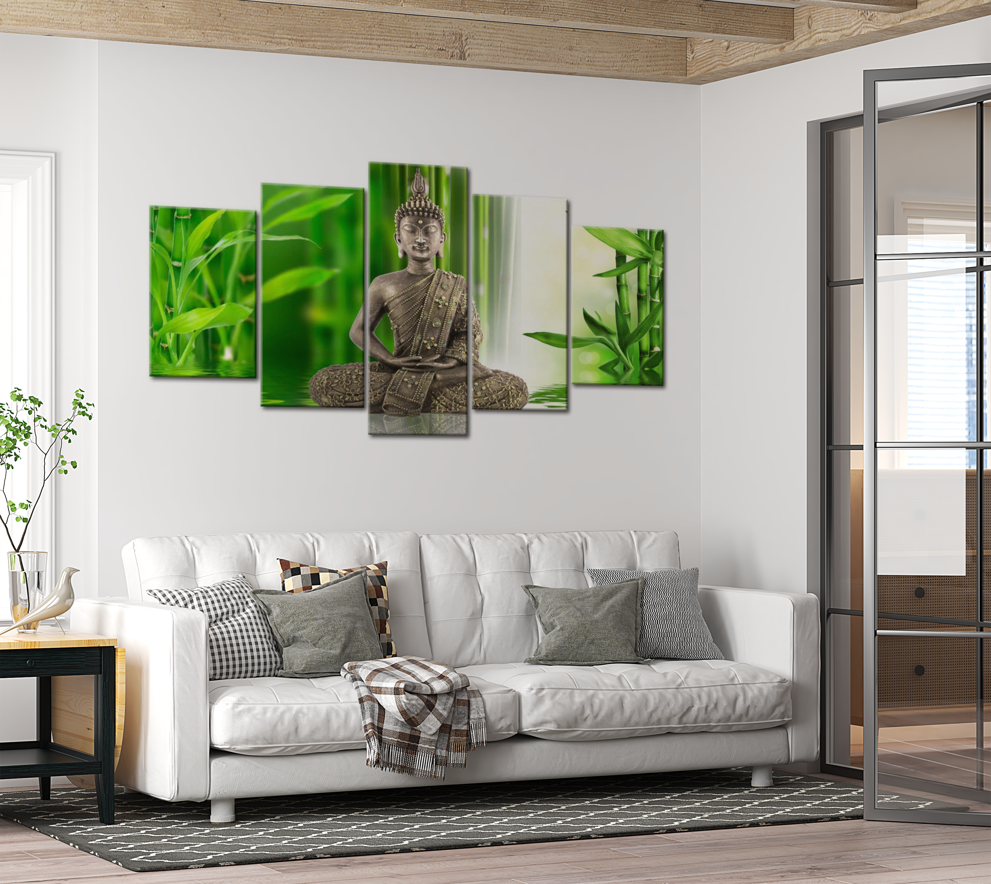 Spiritual Canvas Wall Art - Buddha With Bamboo - 5 Pieces