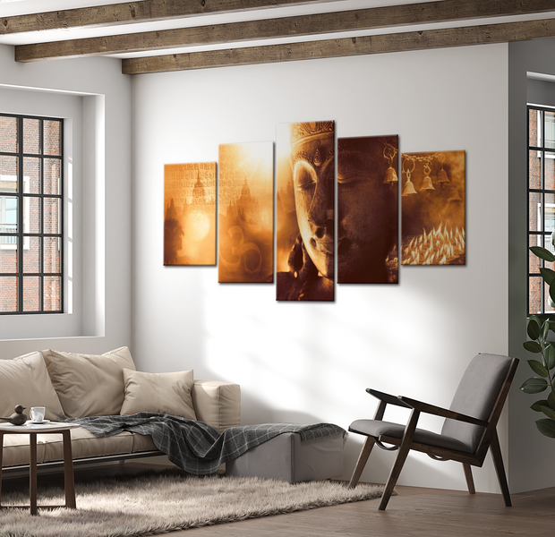 Spiritual Canvas Wall Art - Gold Orient Buddha - 5 Pieces