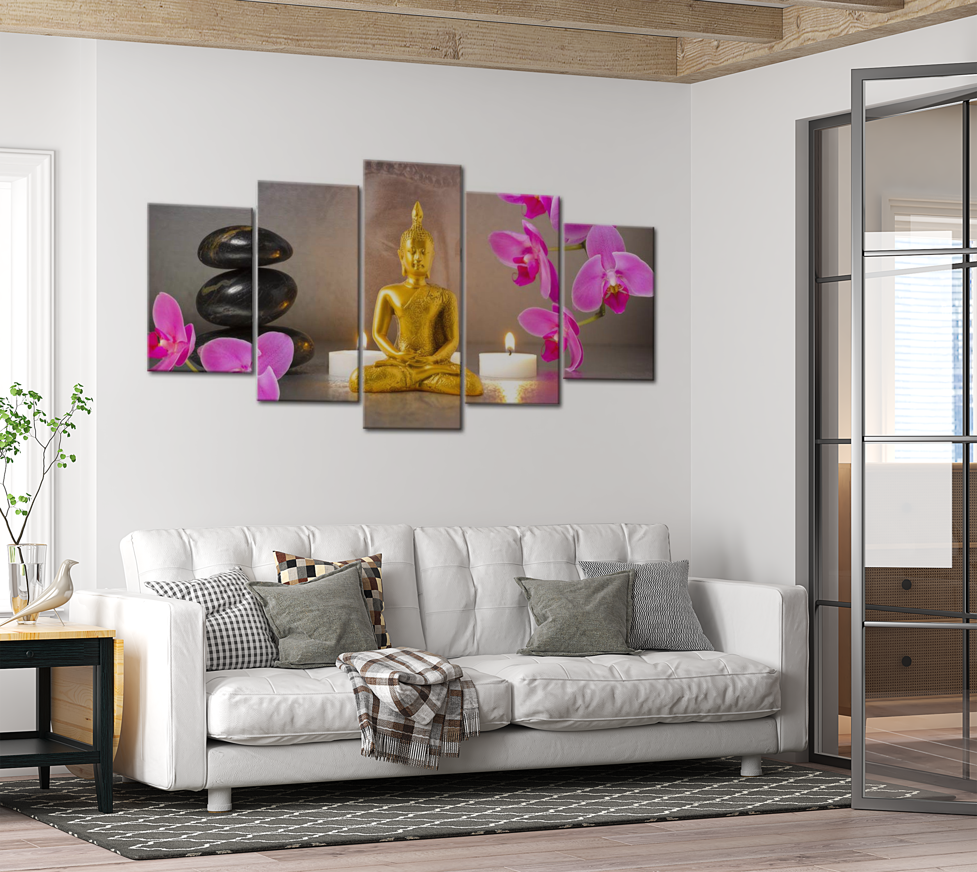 Stretched Canvas Zen Art - Golden Buddha And Orchids 40"Wx20"H