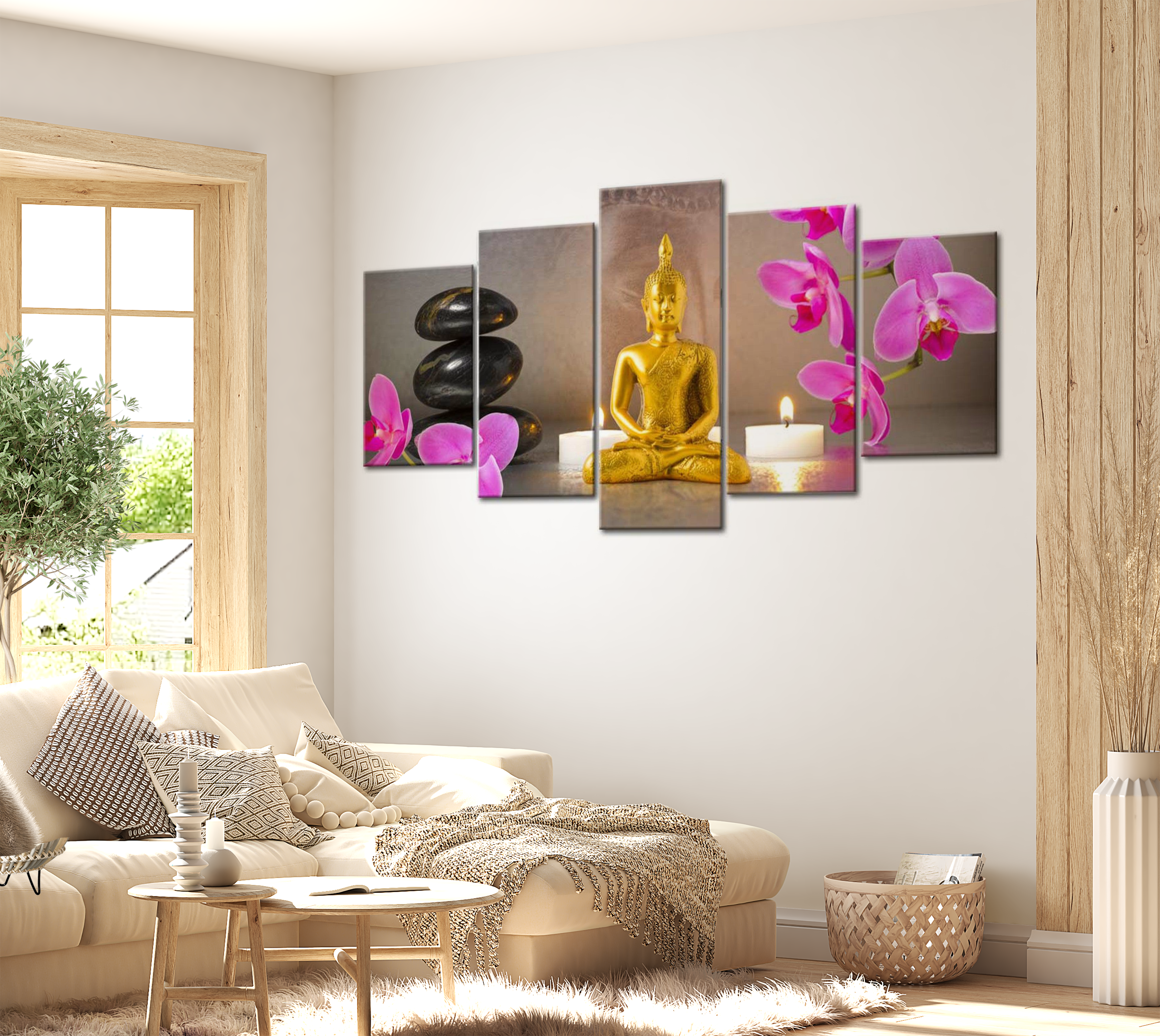 Stretched Canvas Zen Art - Golden Buddha And Orchids 40"Wx20"H