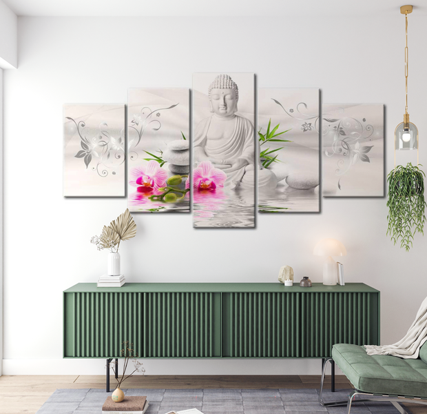Spiritual Canvas Wall Art - Great White Buddha - 5 Pieces
