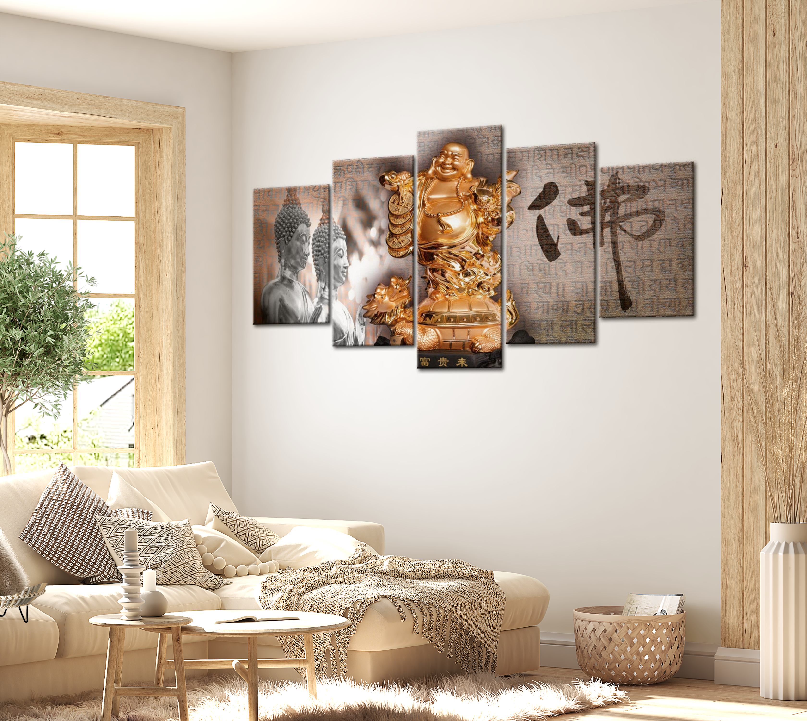 Spiritual Canvas Wall Art - Smiling Buddha - 5 Pieces