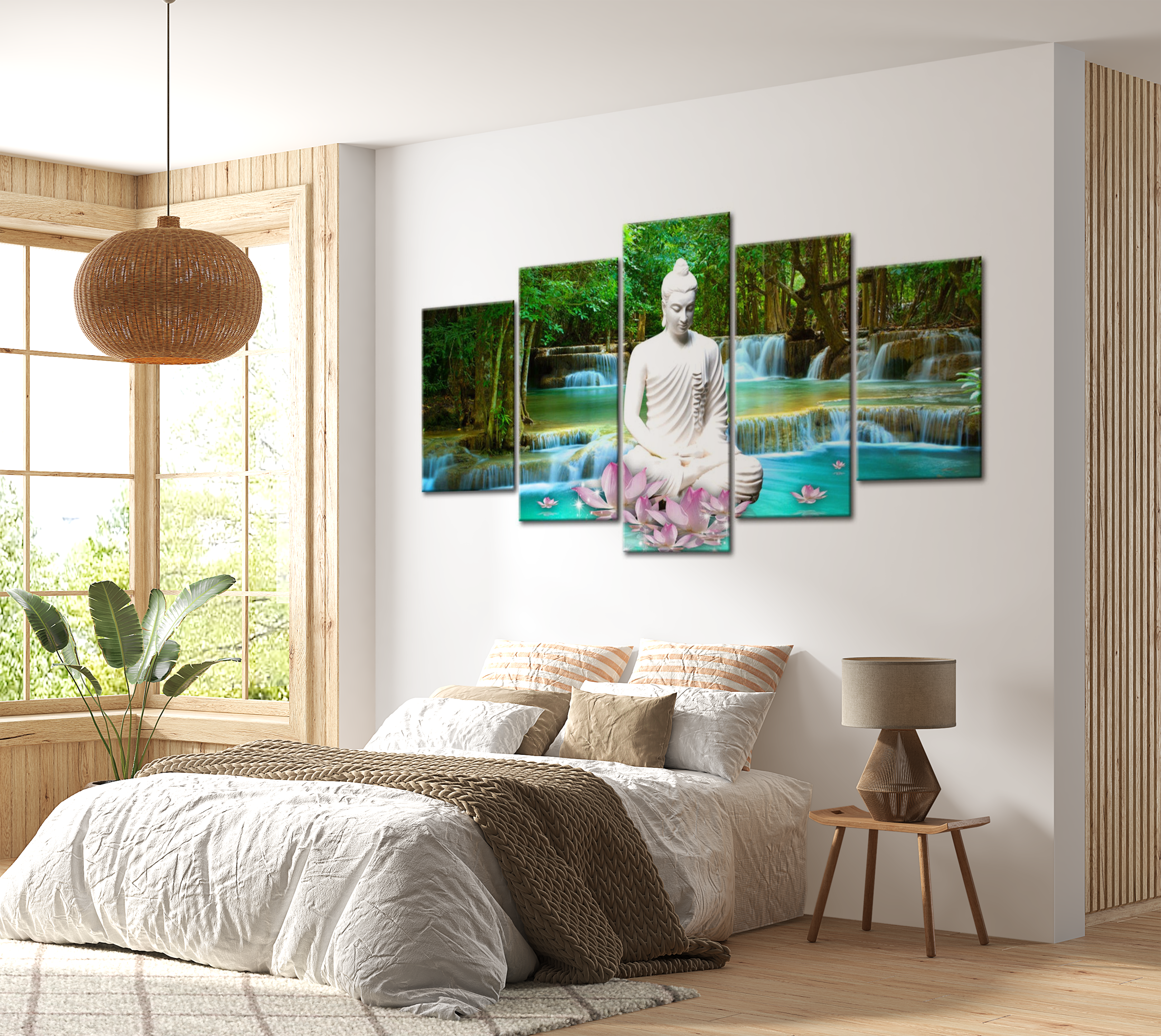 Spiritual Canvas Wall Art - Zen Waterfall Buddha - 5 Pieces