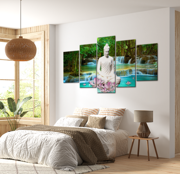 Spiritual Canvas Wall Art - Zen Waterfall Buddha - 5 Pieces