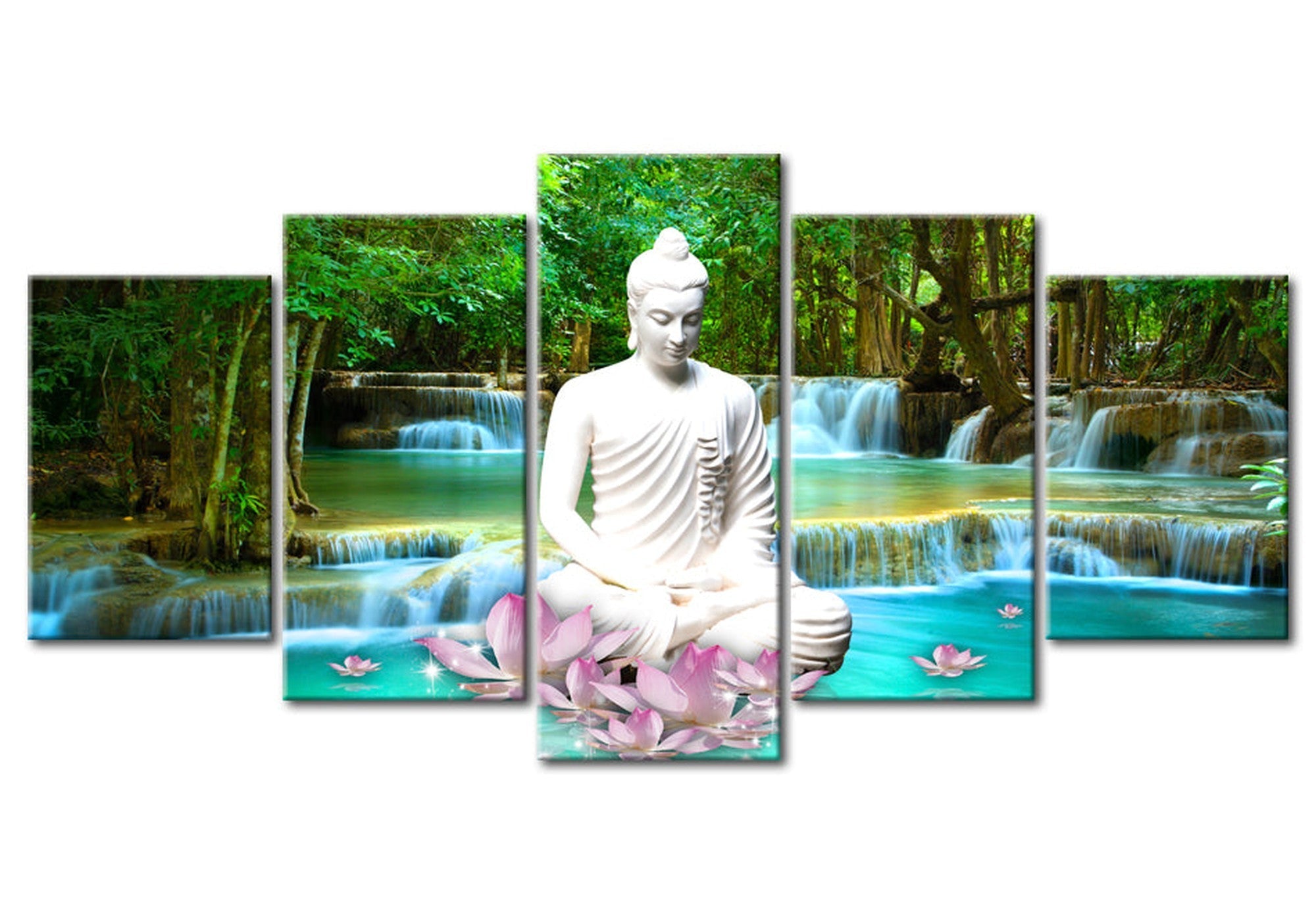 Spiritual Canvas Wall Art - Zen Waterfall Buddha - 5 Pieces