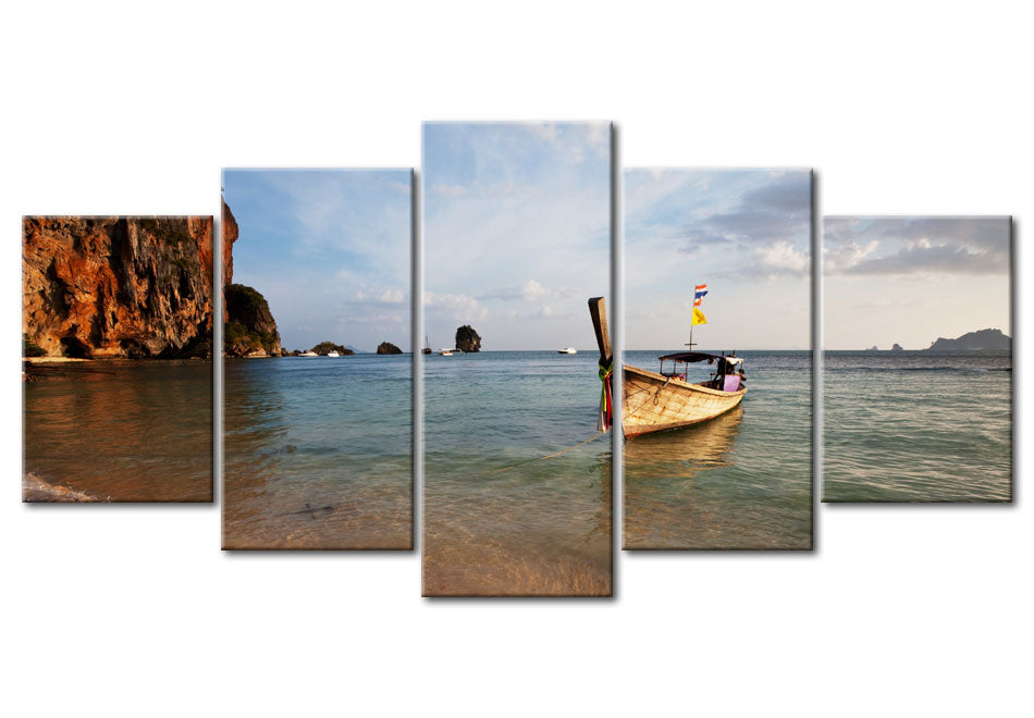 Stretched Canvas Landscape Art - A Fishing Boat By The Sea