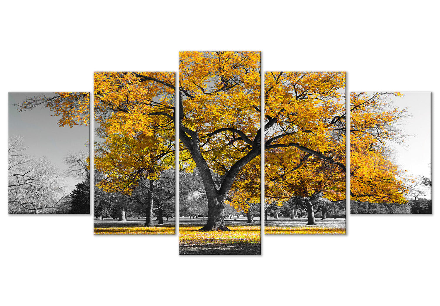 Stretched Canvas Landscape Art - Autumn In The Park Gold 5 Piece