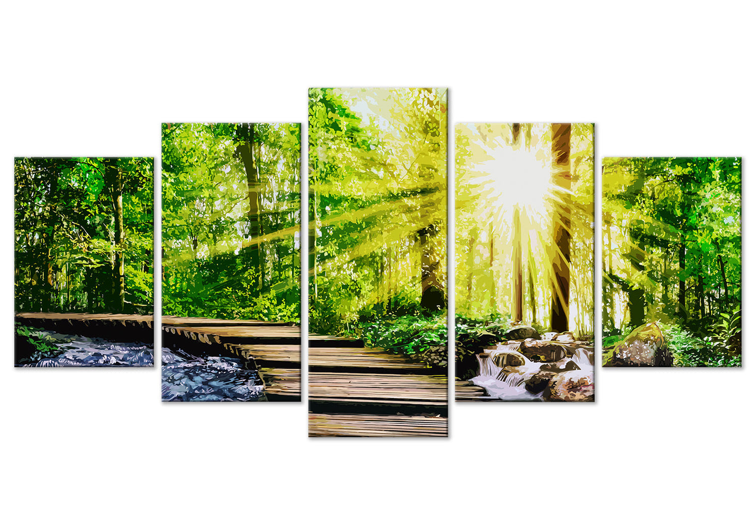 Stretched Canvas Landscape Art - Forest Footbridge 5 Piece