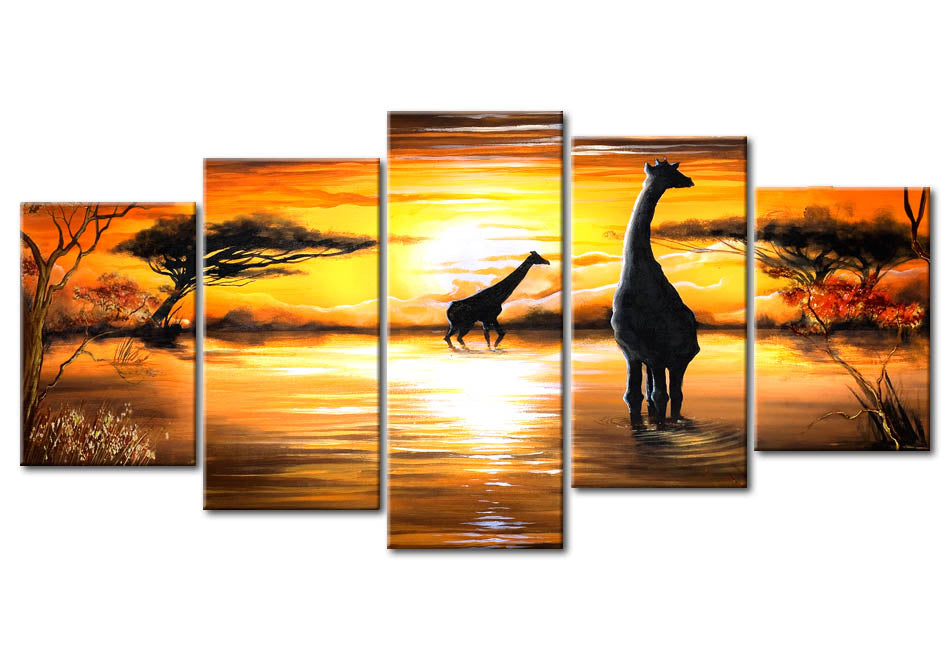 Stretched Canvas Landscape Art - Giraffes At Sunset