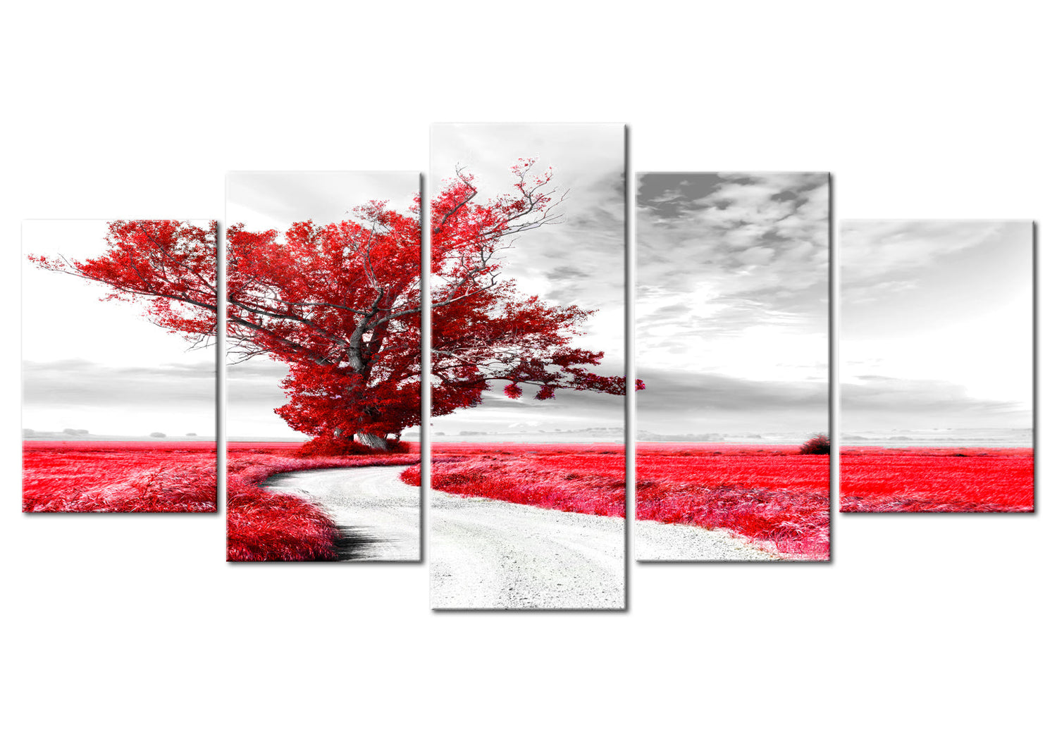Stretched Canvas Landscape Art - Tree Near The Road Red