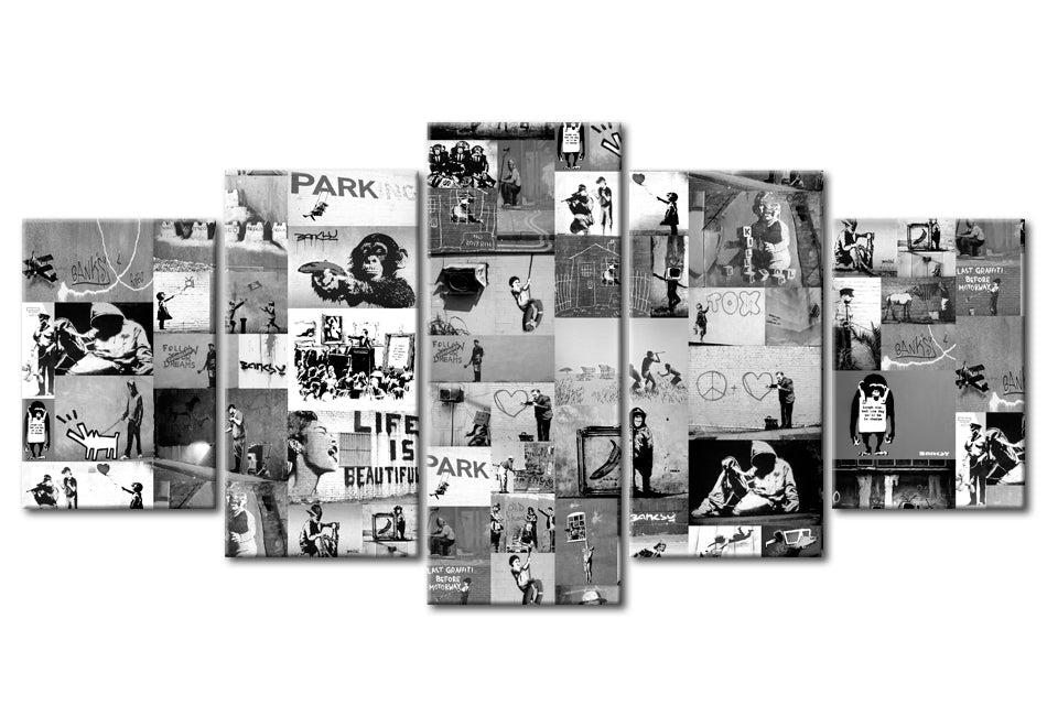 Stretched Canvas Street Art - Banksy Collage Black & White 5 Piece